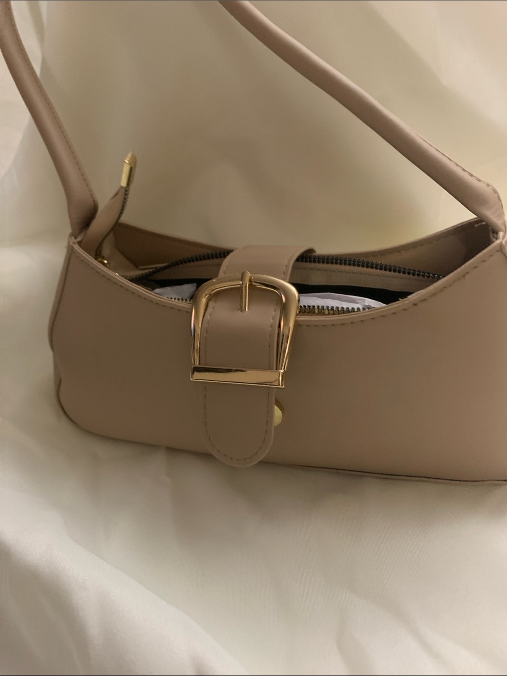 Women's Taupe Shoulder Bag with Gold Buckle - Picture 2 of 10